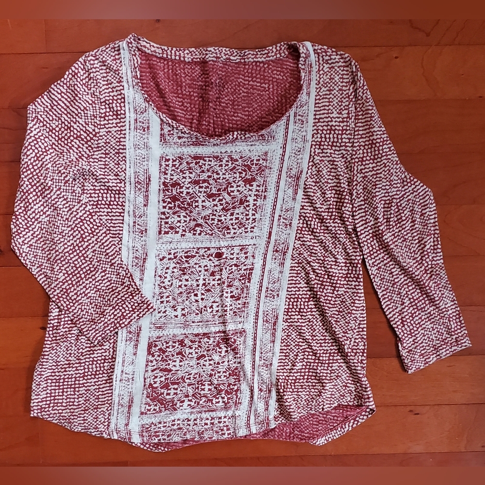Lucky Brand Red and White 3/4 Sleeve Blouse Size L